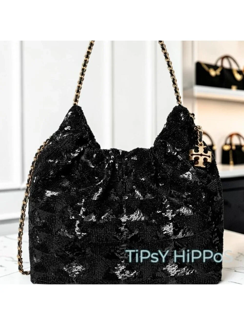 NEW!! TORY BURCH FLEMING Black Sequin Hobo Bag/Crossbody 623T272P